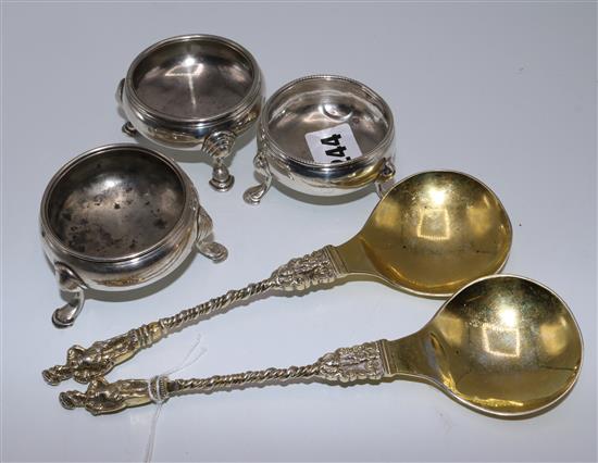 Pair of silver gilt spoons & 3 Georgian silver salts(-)